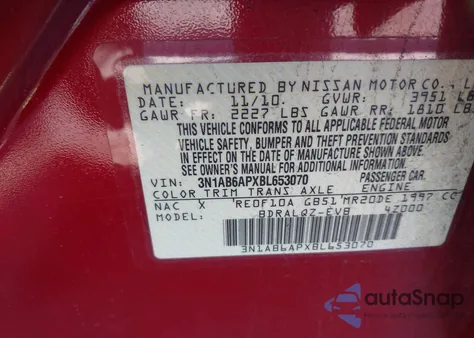 2011 Nissan Sentra 2.0 from USA, damaged, VIN 3N1AB6APXBL653070